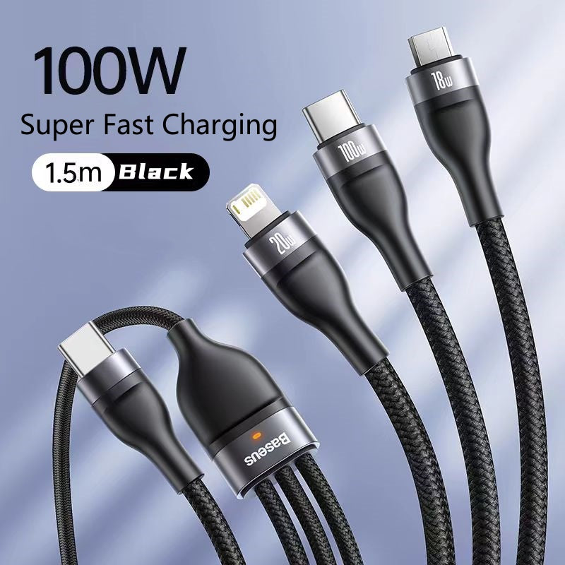 Baseus Flash Series II 3 In 1 Fast Charging Cable Type-C To M+L+C 100W 1.5M - Black