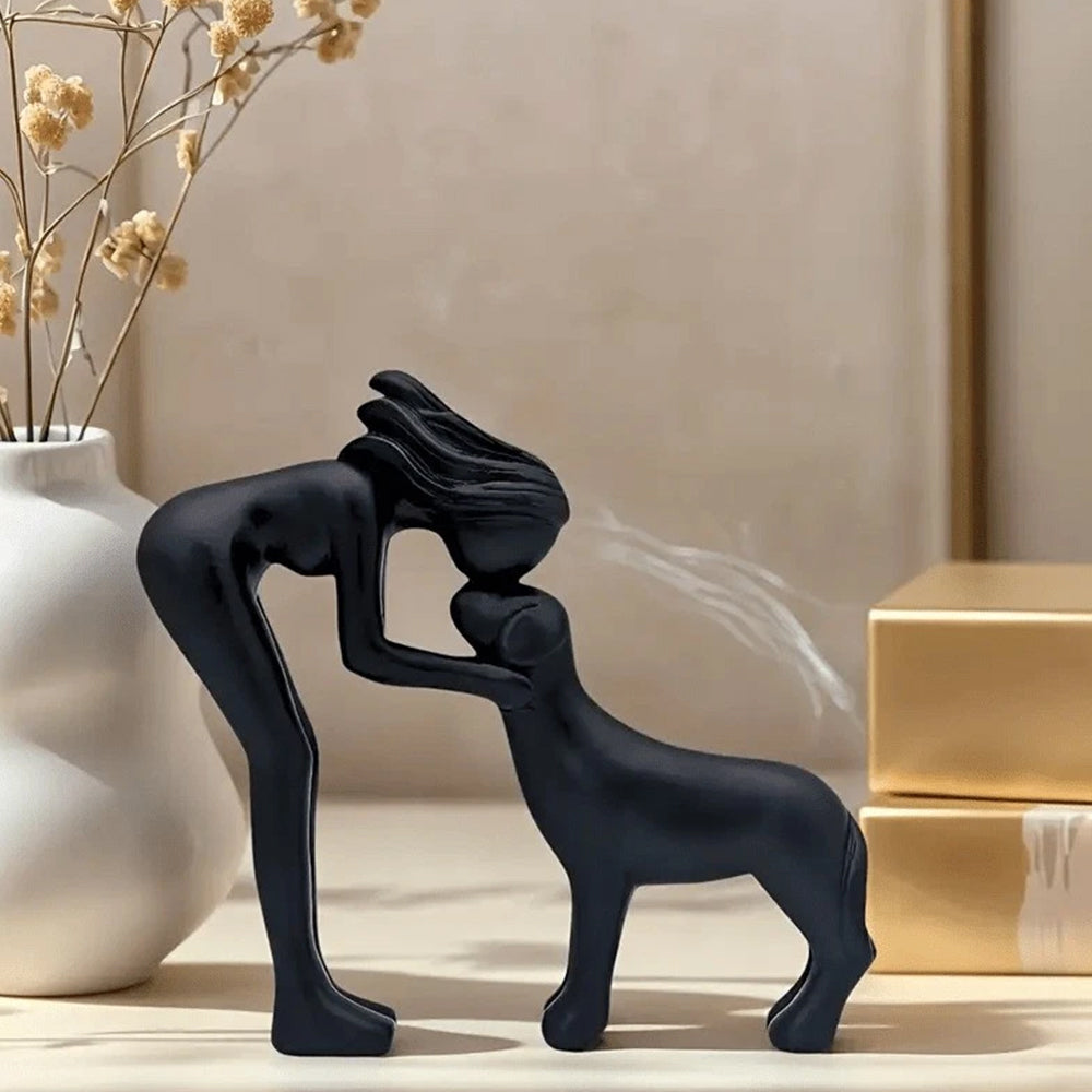 Black Minimalist Human & Dog Statue - 3D Printed Figurine for Pet Lovers, Hand-Like Pose Home Decor