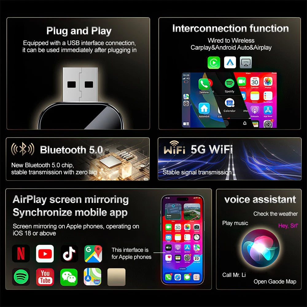 3-in-1 Wireless CarPlay & Android Auto Adapter - iOS Mirror, USB Plug & Play