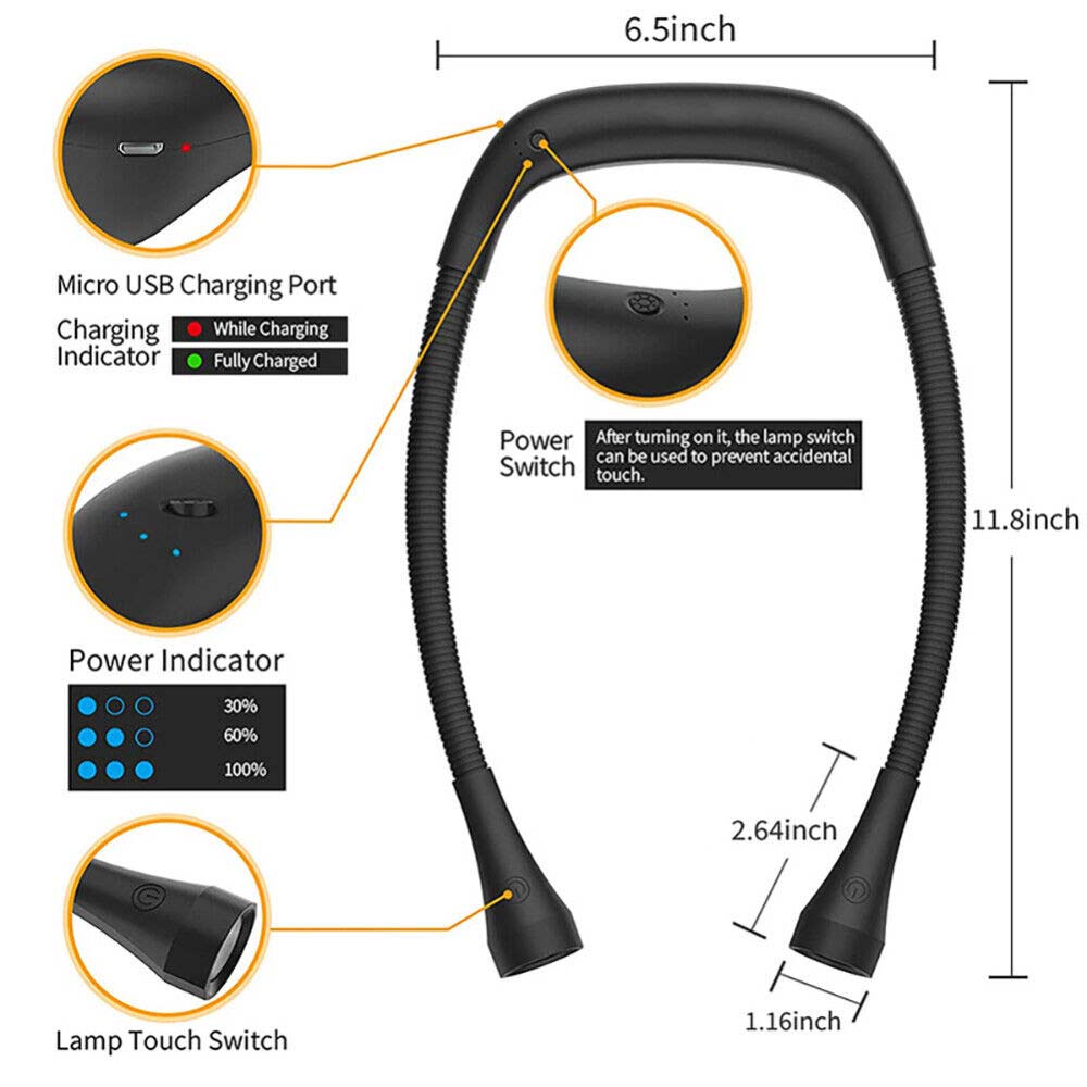 2000mah LED Neck Reading Light Flexible USB Rechargeable Hand Free Bed Nigh Lamp