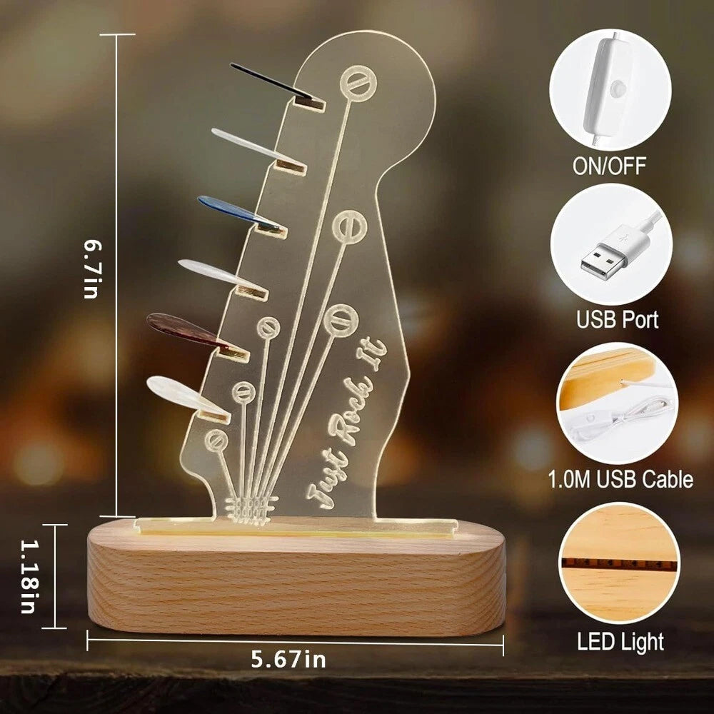 Light Up Guitar Pick Holder - Wood & Acrylic USB Charged Pick Storage Rack