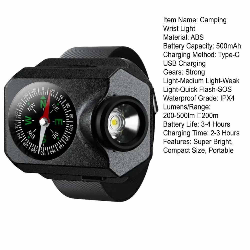 2in1 Wrist Light Mini Camping Compass Outdoor LED Running Light USB Rechargeable
