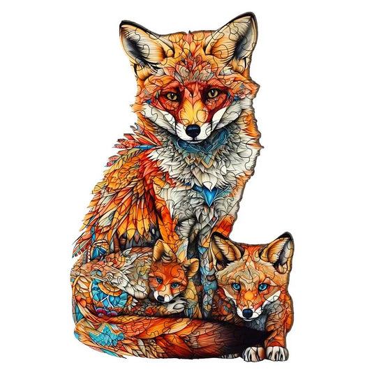 Cozy Fox Family Wooden Jigsaw Puzzle – Creative Animal-Shaped Puzzle Gift for All Ages