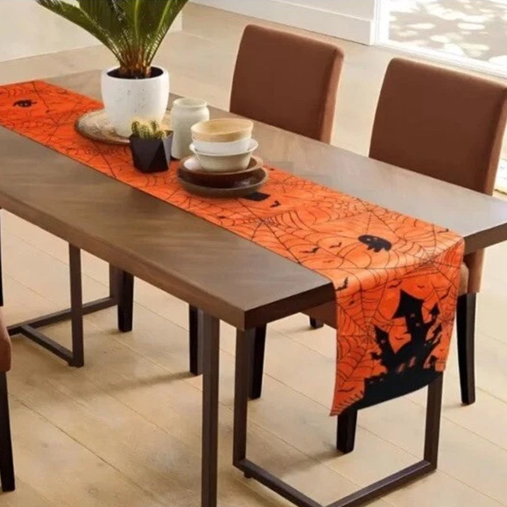 Halloween Table Runner Orange Autumn Kitchen Dining Cobweb Castle 275*33cm