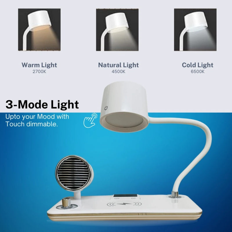 4 in 1 Wireless Charger LED Desk Lamp with Bluetooth Speaker, Clock, Charging