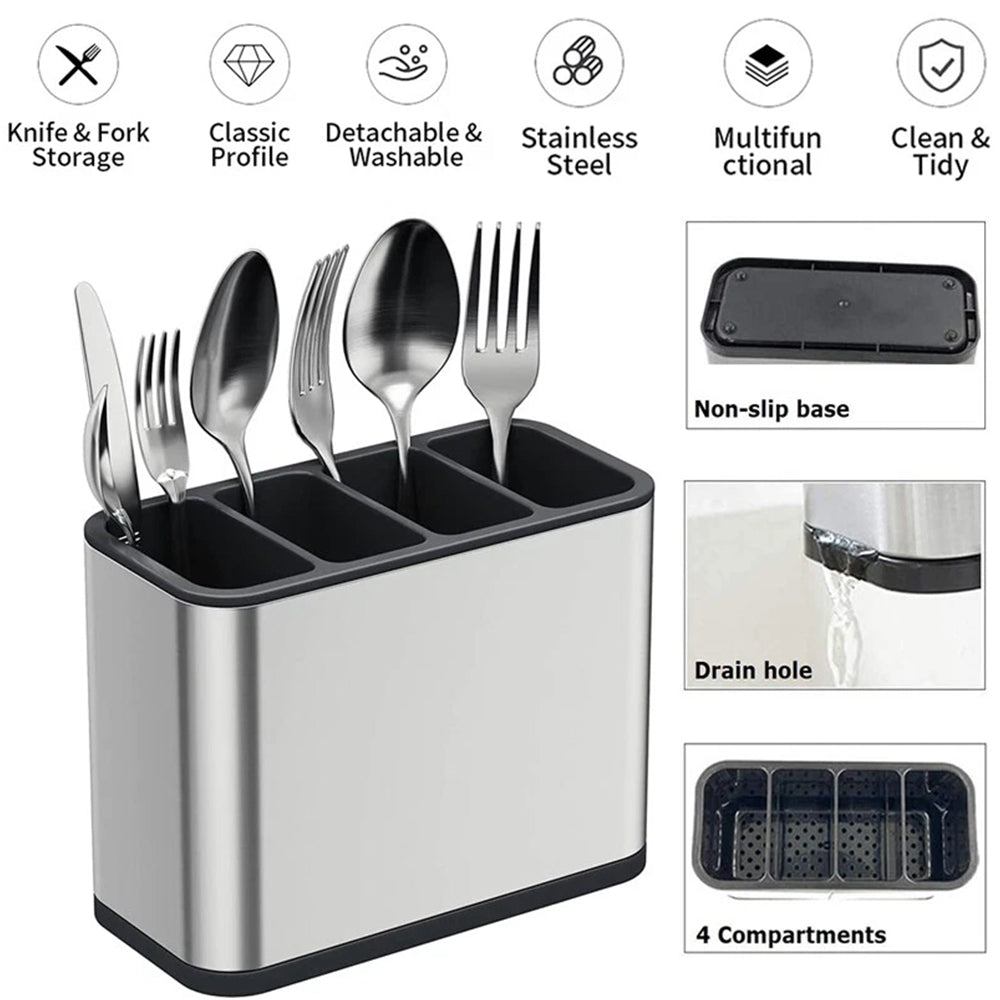 Stainless Steel Cutlery Organizer - Kitchen Utensil Holder with Drain & Compartments