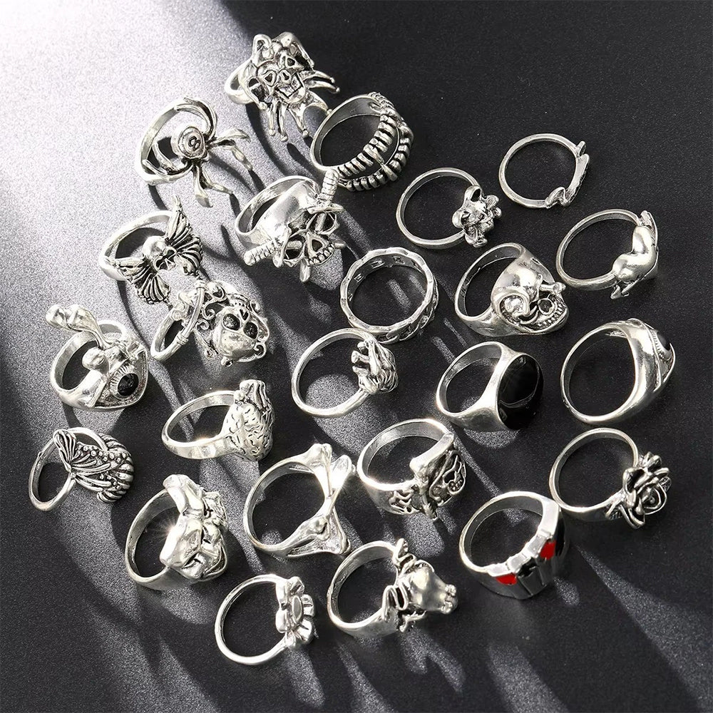 24PCS Gothic Ring Set – Punk Skeleton Skull Rings for Men & Women, Unisex