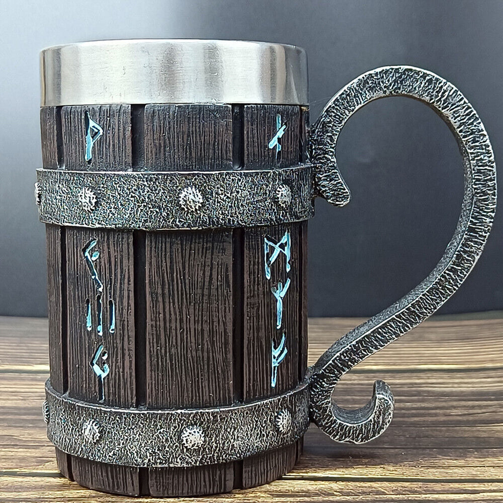 Viking Stainless Steel Tankard Odin Thor Mjolnir Drink Mug Beer Stein Coffee Cup