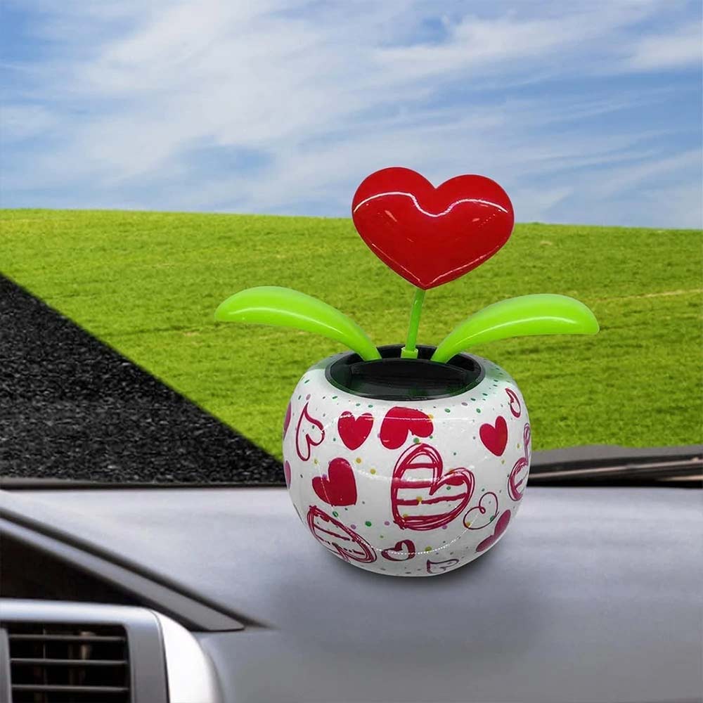 Red Solar Dancing Flower - Heart Swing Figurine Car Decor Toy, Solar Powered