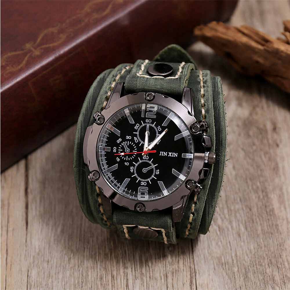 Men Punk Quartz Cuff Watch Wristwatch Military Retro PU-Leather Strap Watch