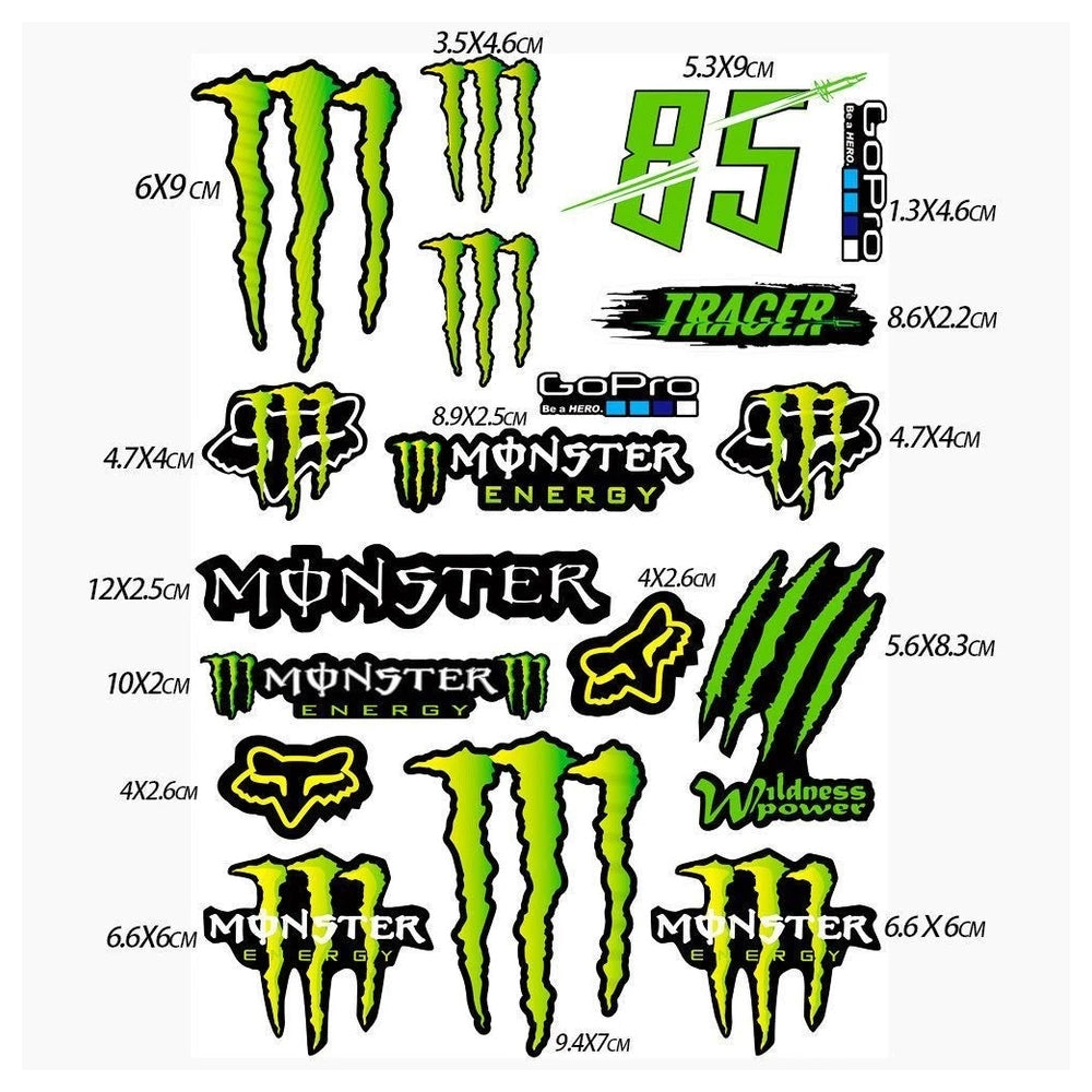 2 Sheets Monster Stickers – Motorbike Car Helmet Decals, DIY Bike Graphics Random