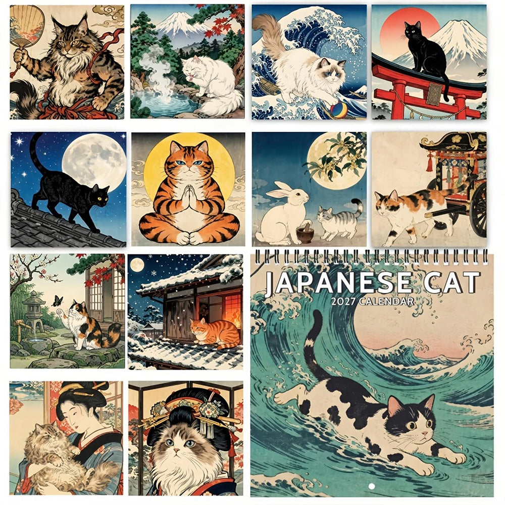 Cat 2027 Wall Calendar – Japanese Retro Cat Month-to-View Hanging Calendar