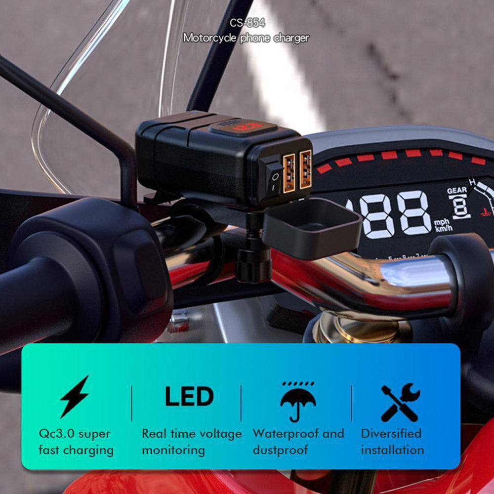 Dual USB Port Motorcycle Fast Charger Socket LED Voltmeter Display ON/OFF Switch