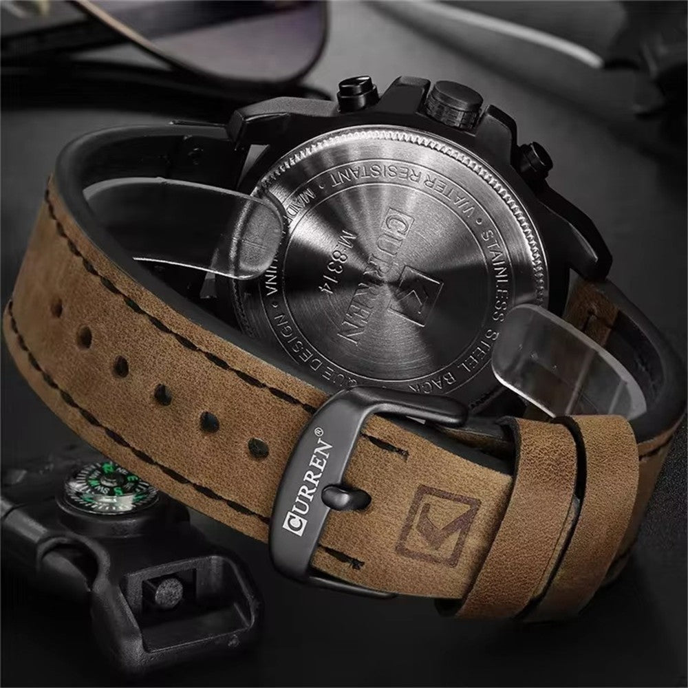 Men's Business Quartz Watch – Leather Chronograph Calendar 47mm Multifunction