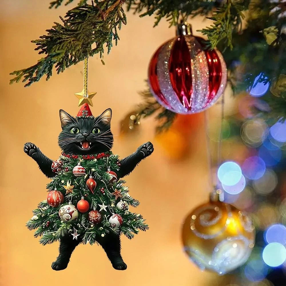 2Pcs Cute Cat in Christmas Tree Costume Hanging Ornaments 2D Acrylic Tree Pendants Decor