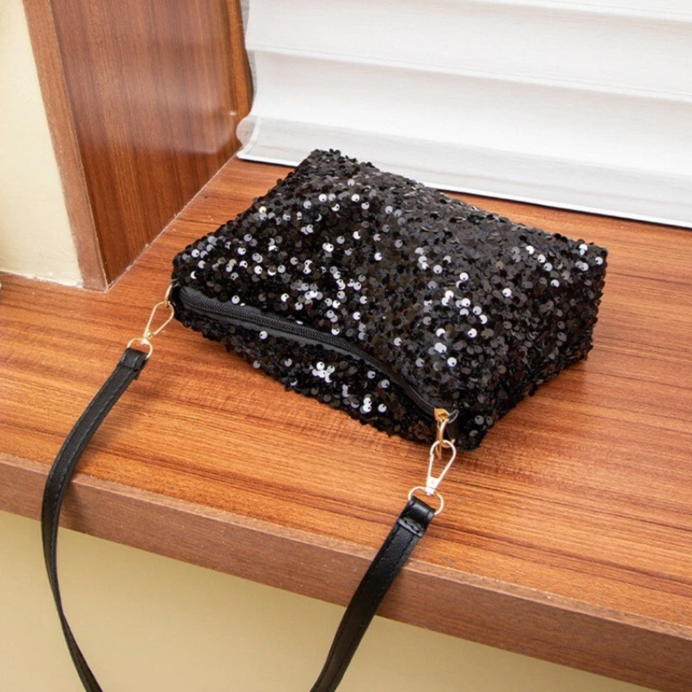 Women's Sequin Evening Bag - Sparkly Silver & Black Shoulder Bag Clutch Purse for Parties