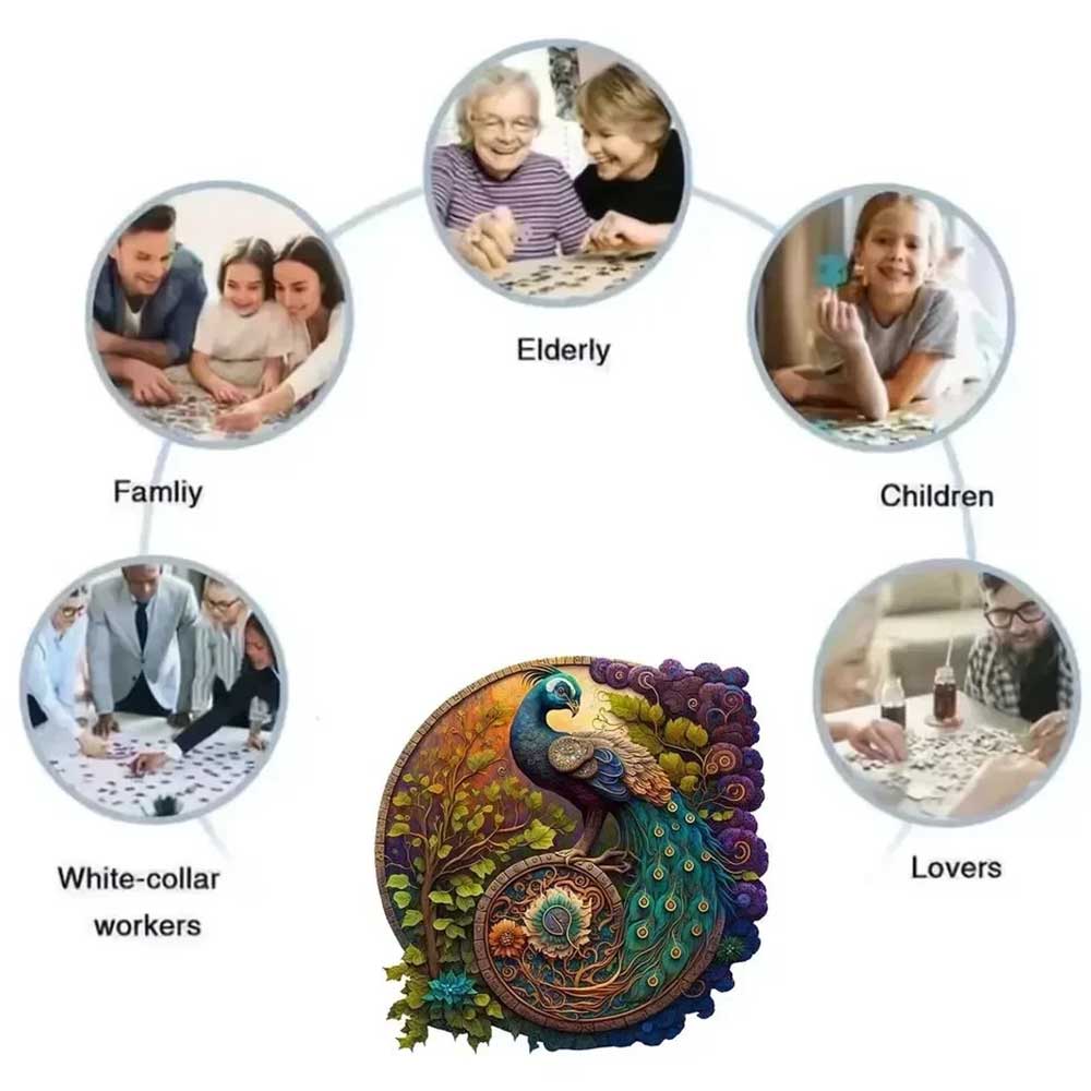 Peacock Round Wooden Jigsaw Puzzle – Artistic Decor & Relaxing Gift for Adults and Families