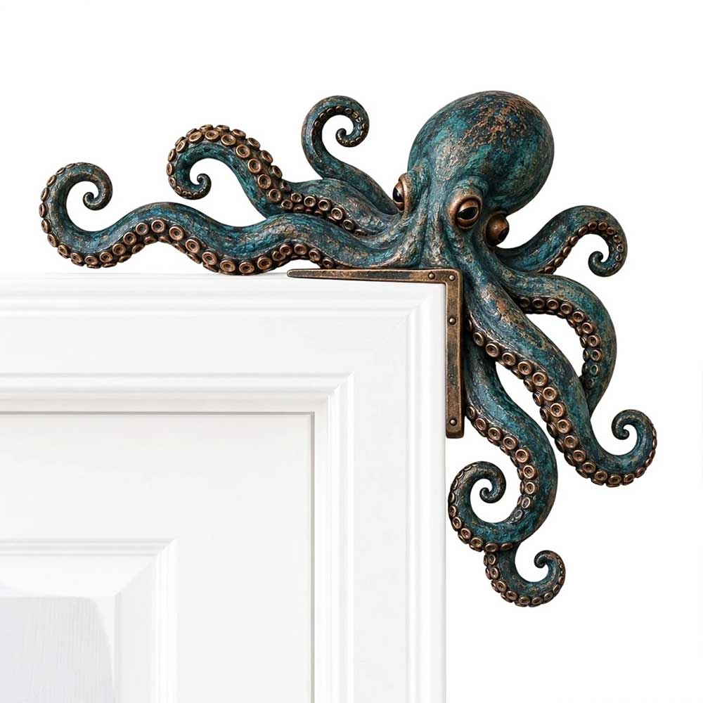 1Pair Octopus Door Frame Decor – Wooden Nautical Door Corner Statue, 20cm