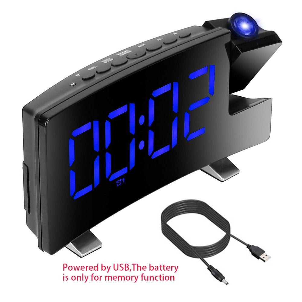 LED Digital Alarm Clock – Radio Projection Clock with Curved Screen & Dual Alarms