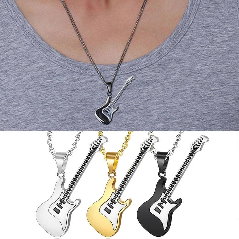 3-Piece Stainless Steel Music Guitar Pendant Necklace Set | Rock Style Unisex Jewelry Gift