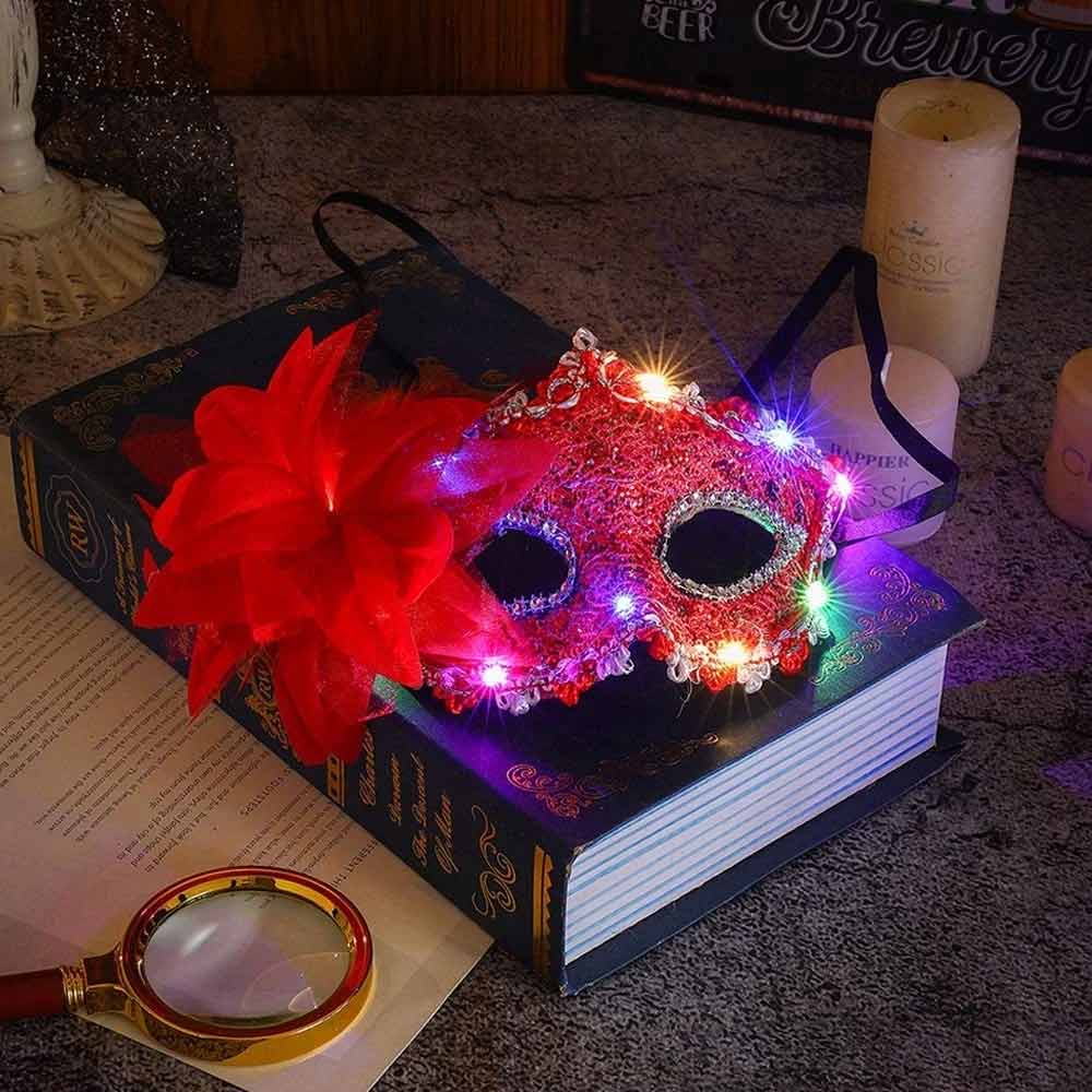 2X Random LED Masquerade Mask – Lace Venetian Light Up Mask with Side Flower for Women