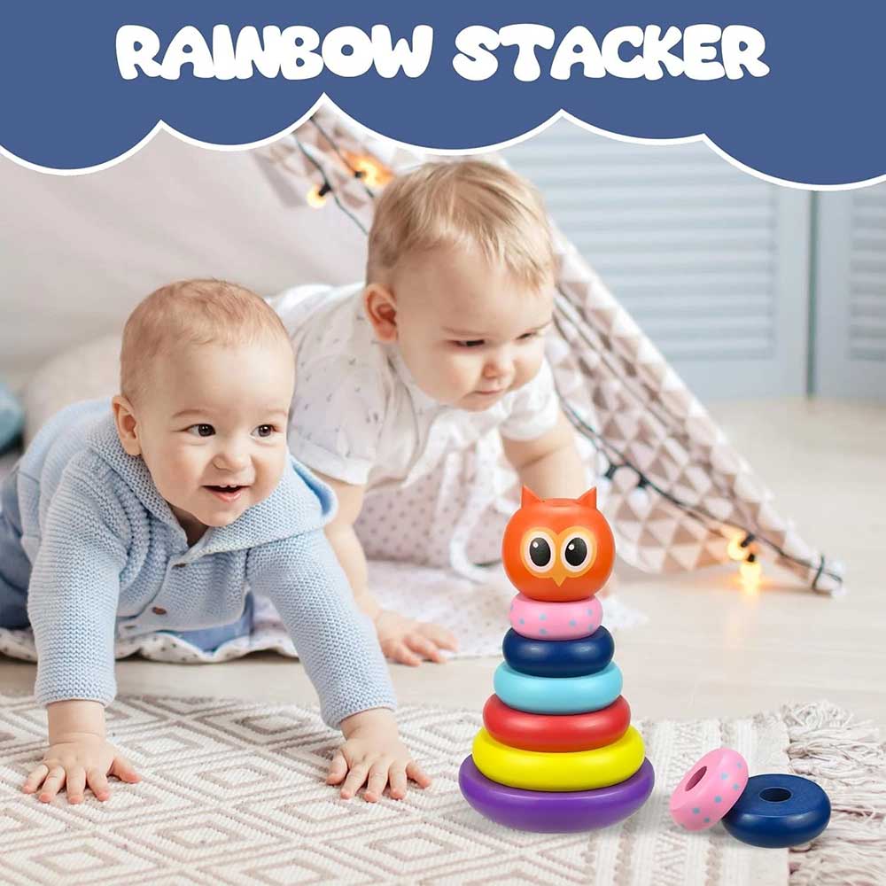 Owl Tumbler Stacking Toy Wooden Rainbow Spinning Rings Tower