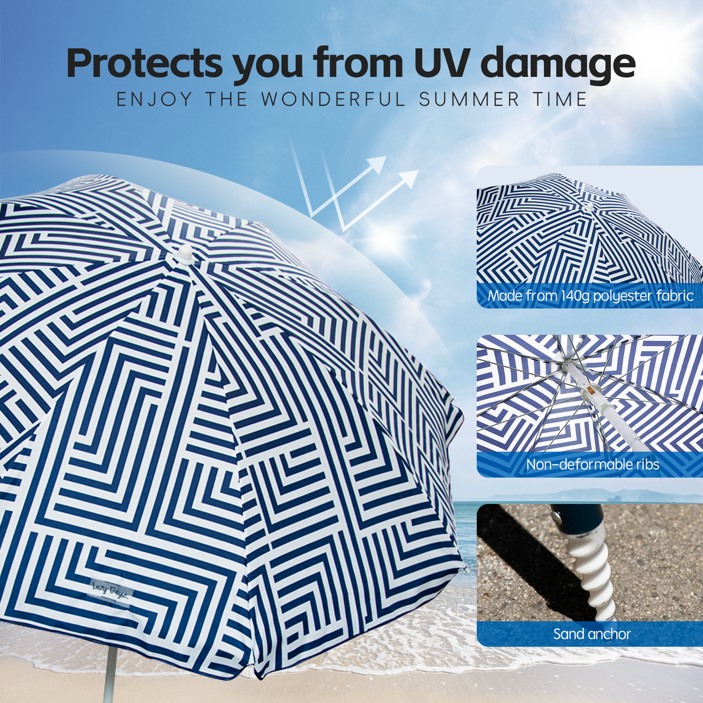 Lazy Dayz 1.8m Tiltable Beach Umbrella with Carry Bag - Makena