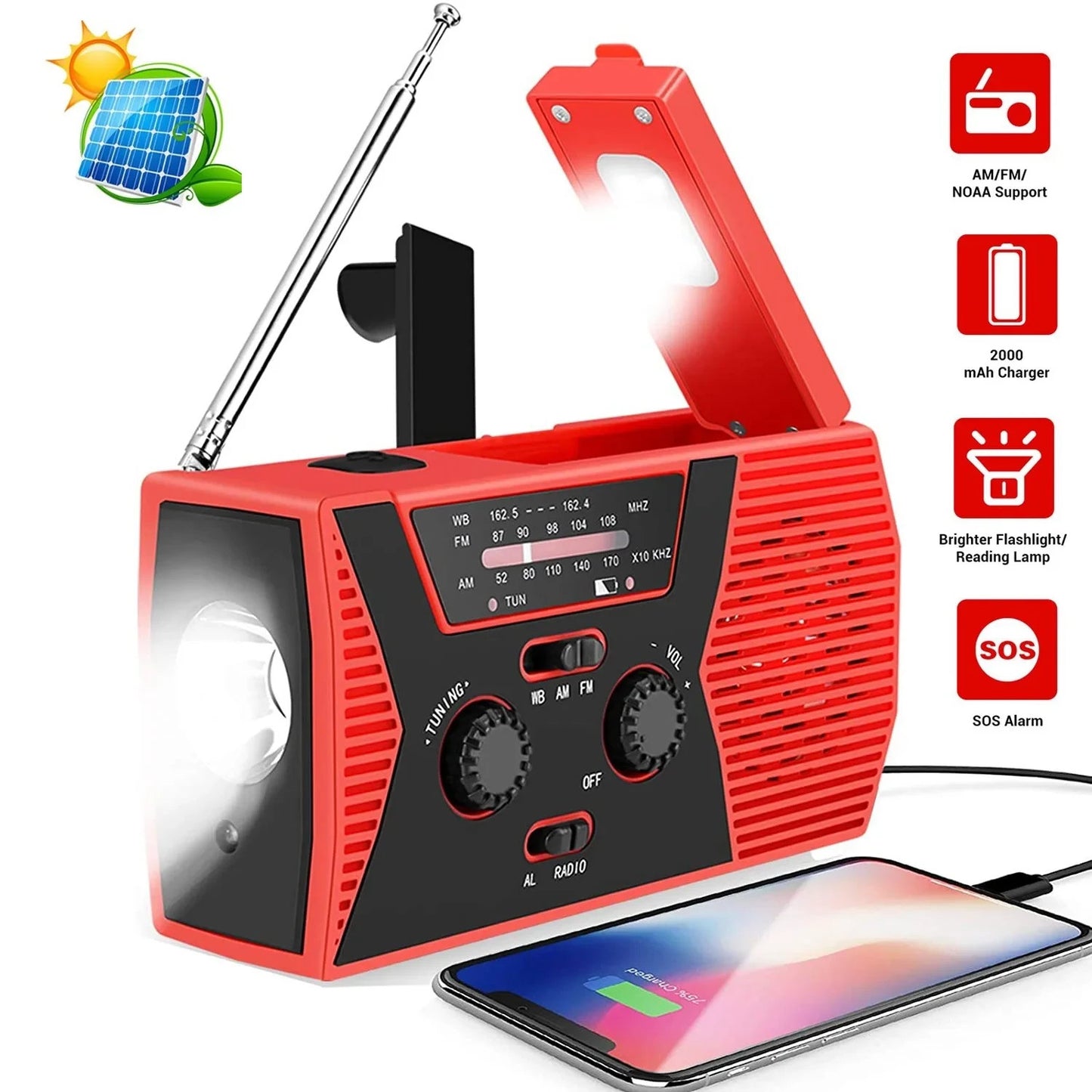 Portable Solar & Hand Crank Emergency Radio – Waterproof with Flashlight & Reading Light