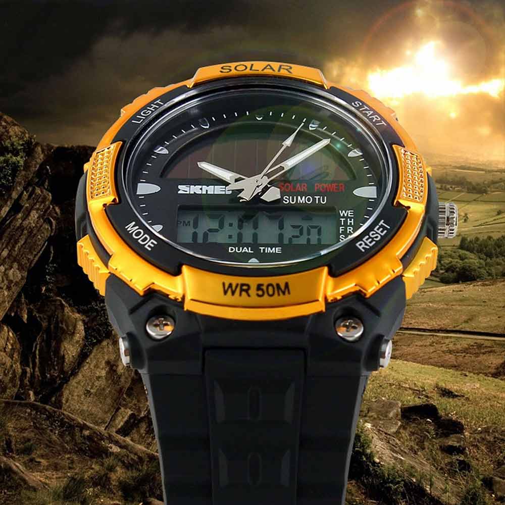 Men's Solar Power Sport Dual Time LED Digital Waterproof Analog Quartz Watch