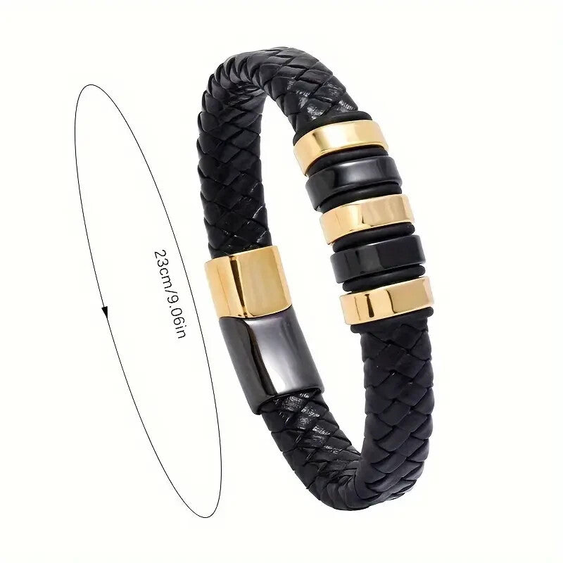 Mens Magnetic Braided Wristband Leather Rope Bracelet Bangle Wrap Black 22 cm