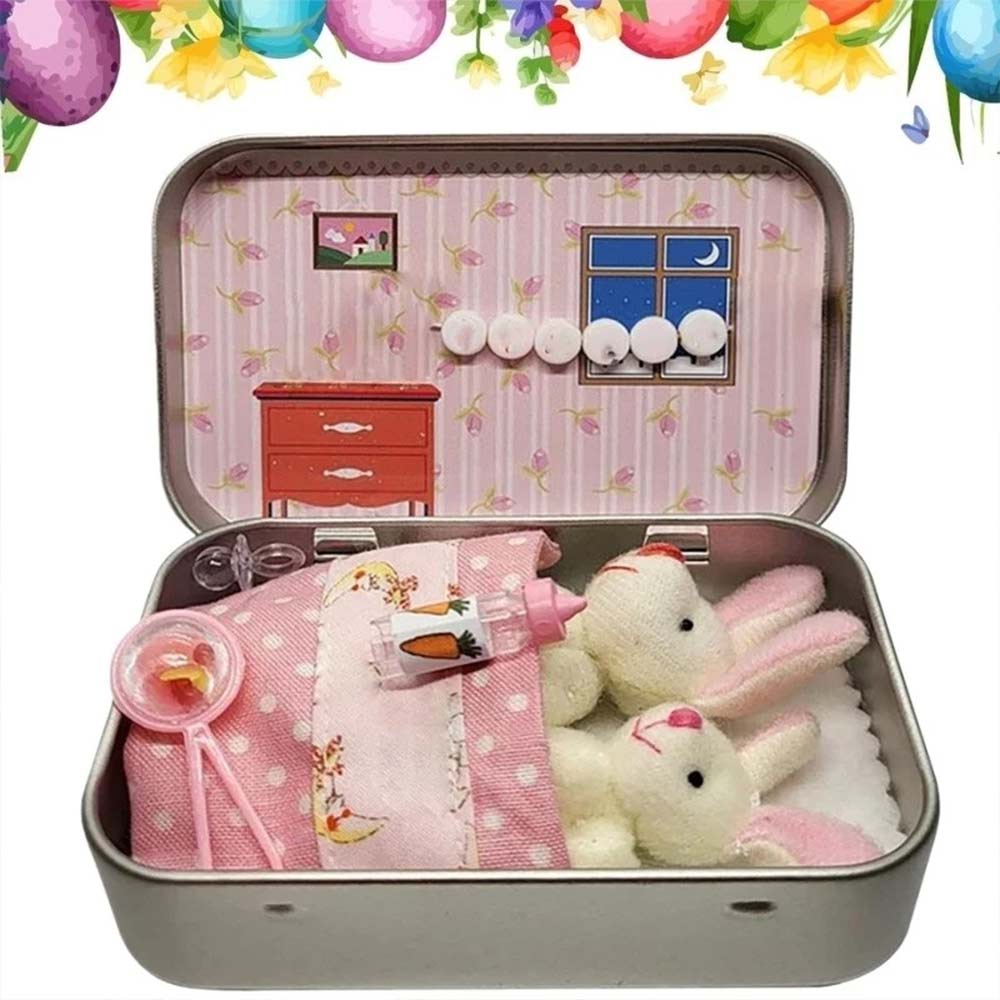 2 Bunnies in Tin Box - Easter Pocket Bunny Hug Plush Toys Ornament for Boys & Girls
