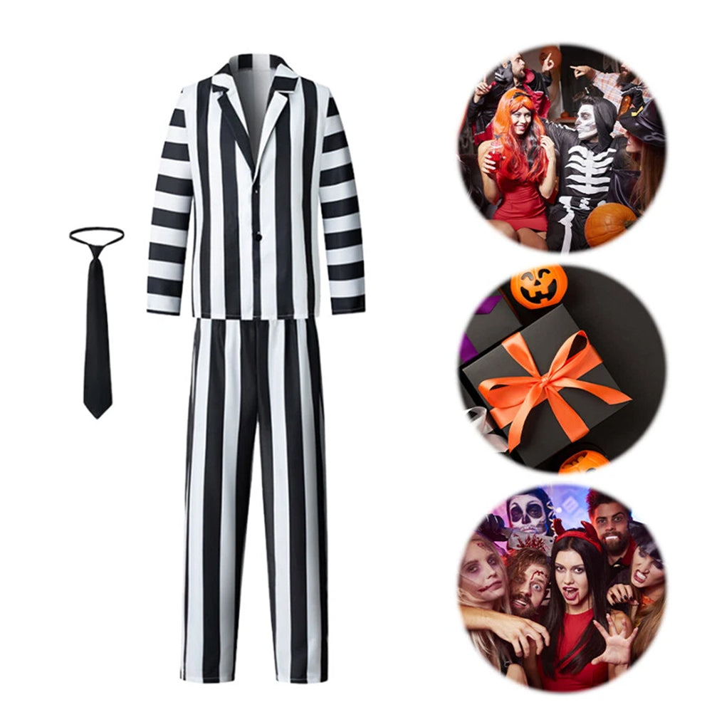 3pcs Set Men Beetlejuice Costume Spooky Halloween Cosplay Costume Adults