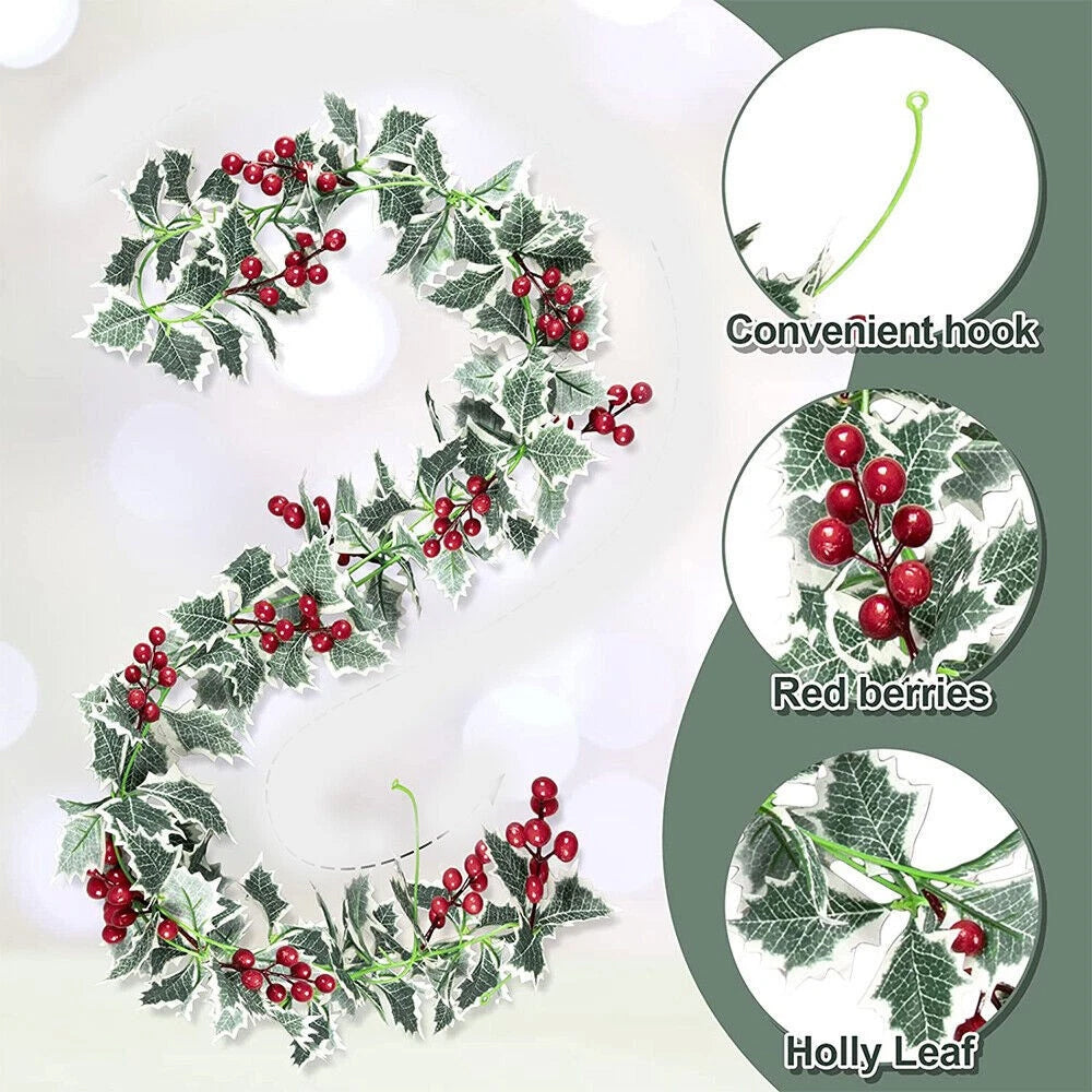 2Pcs 2.2M Christmas Garland with Holly Leaves & Red Berries Artificial Greenery for Fireplace, Stairs & Door Decor
﻿