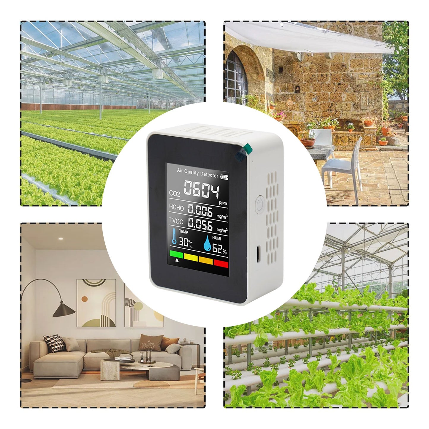 5-in-1 Air Quality Monitor – Portable CO2, HCHO, TVOC, Temp & Humidity Detector with USB-C Recharge
