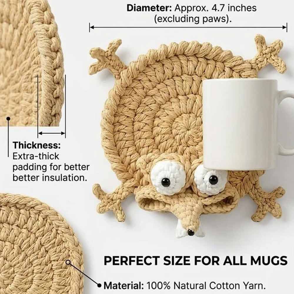 Handmade Crochet 3D Animal Coaster – Cute Knitted Mug Rug, Round Drink Cup Mat