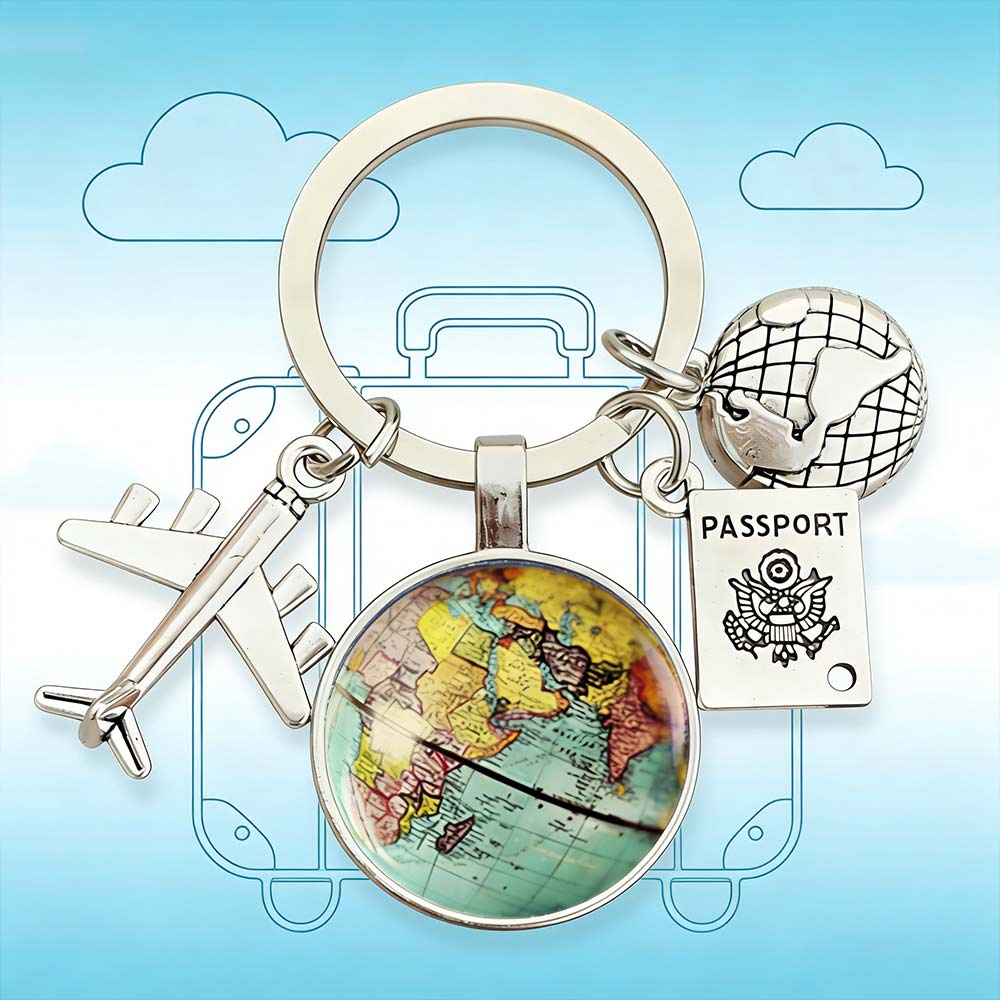 Traveller Keyring World Map Keychain with Charms - Vintage Travel Gift for Wanderlust