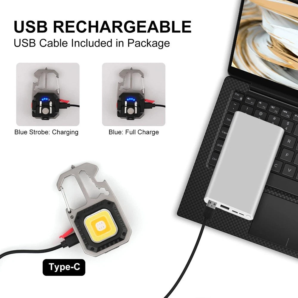 1x USB Rechargeable LED COB Work Light - Mini Keychain Torch with Magnet & 7 Modes