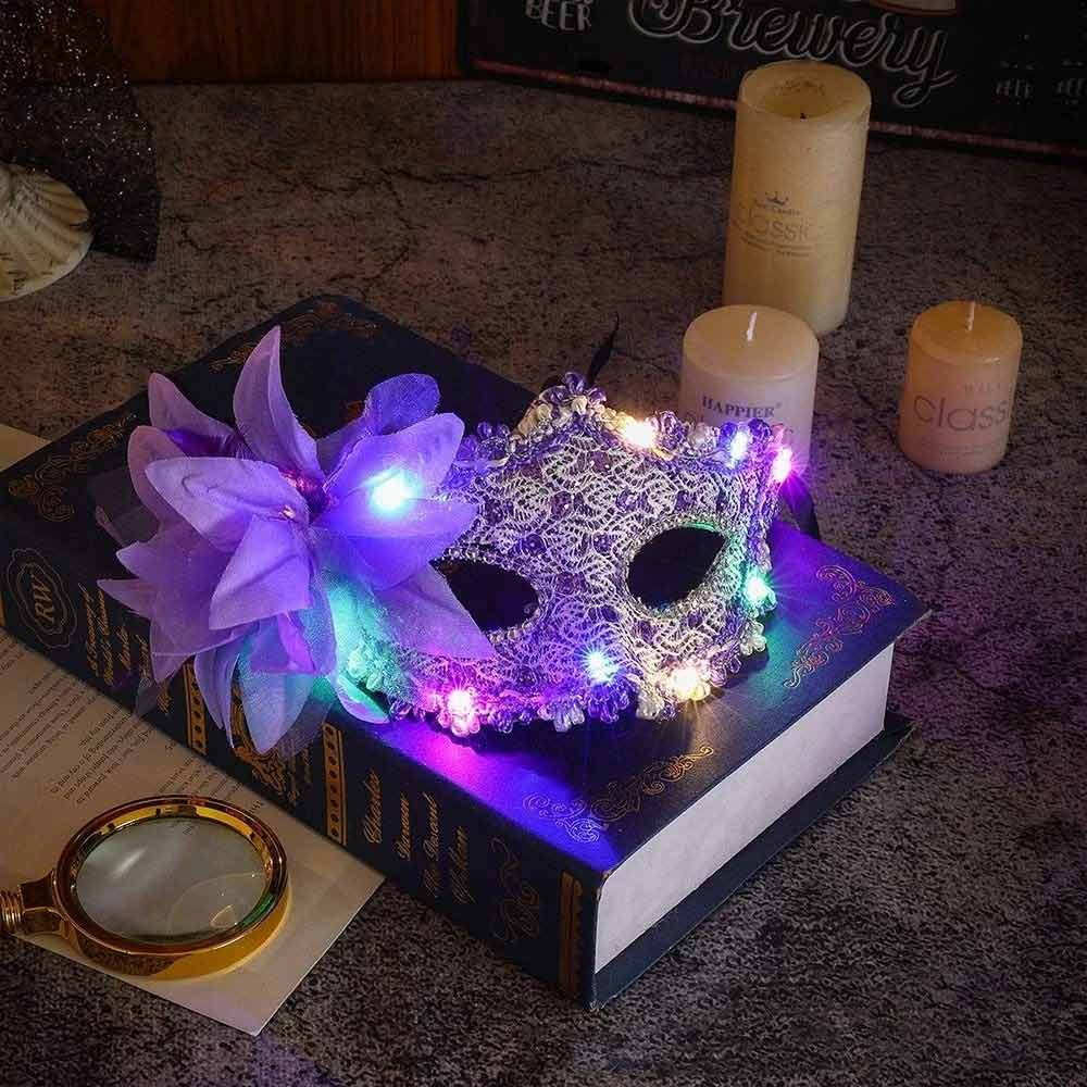 2X Random LED Masquerade Mask – Lace Venetian Light Up Mask with Side Flower for Women