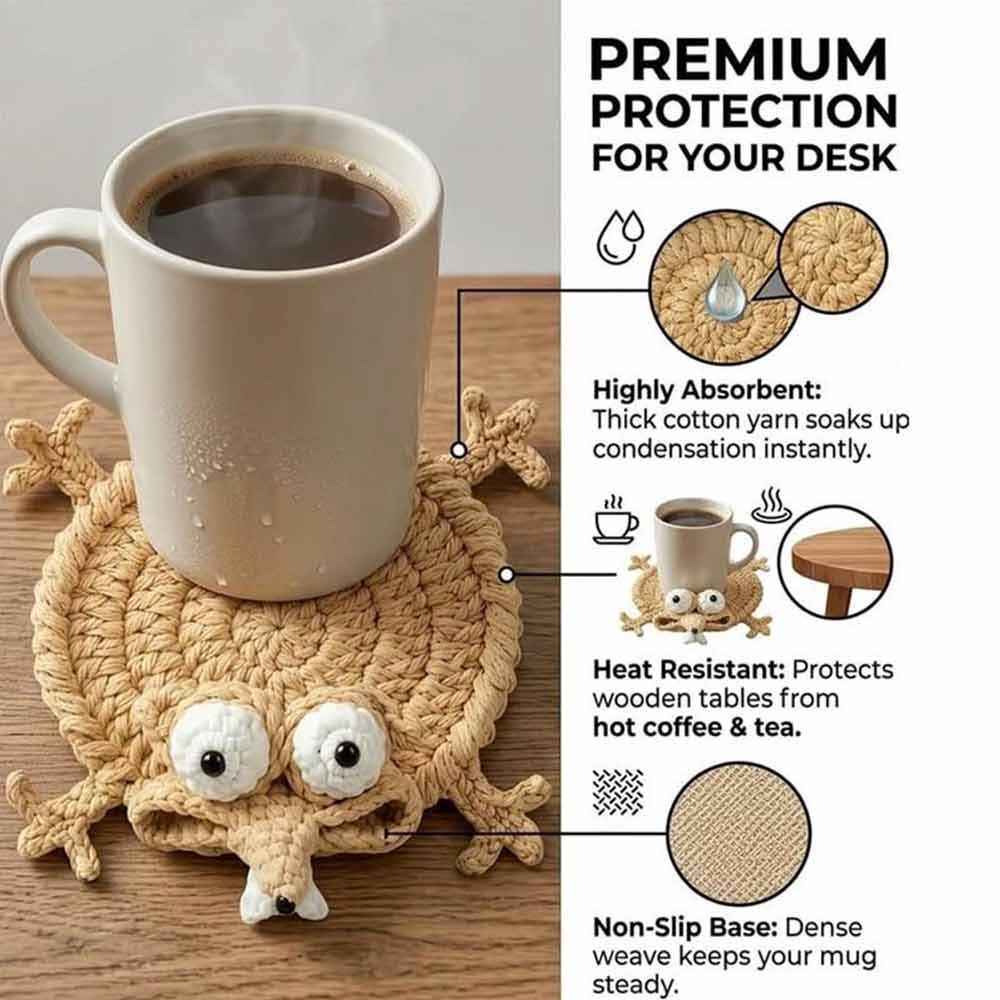 Handmade Crochet 3D Animal Coaster – Cute Knitted Mug Rug, Round Drink Cup Mat