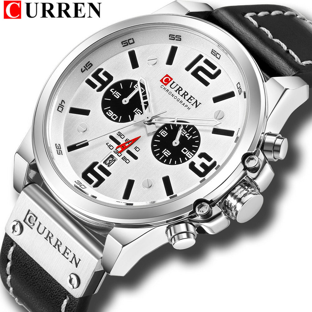 Men's Business Quartz Watch – Leather Chronograph Calendar 47mm Multifunction