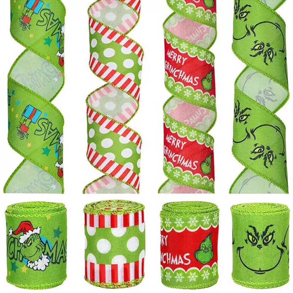 4pcs Grinchs Ribbon Wired 2.5In 4 Roll 20Yards Christmas Ribbon Wreaths Bows DIY