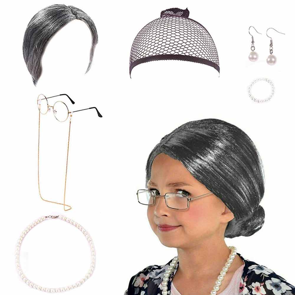 7 Pcs Grandma Old Lady Costume Set Granny Wig Adult Kids The 100Days Of School