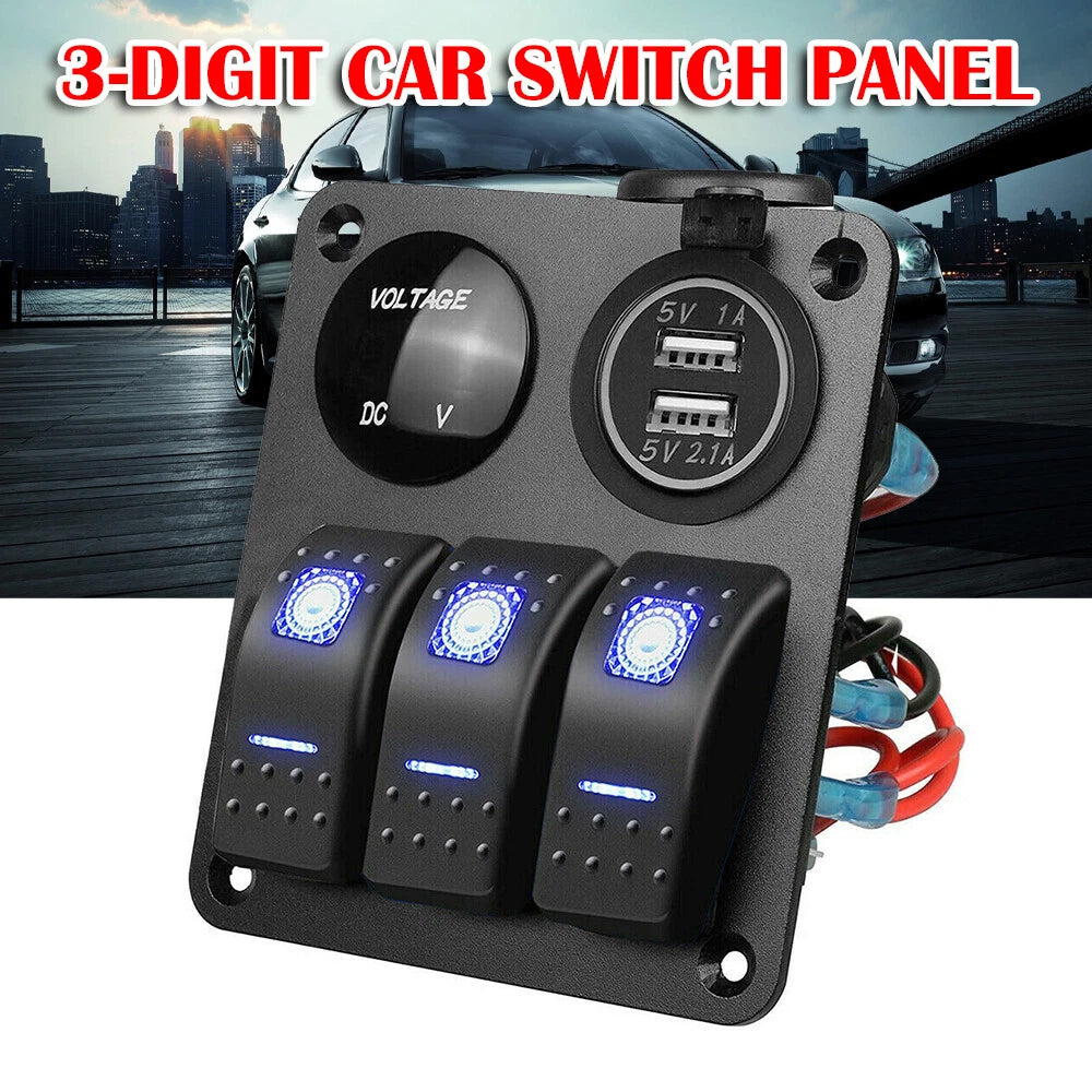 3 Gang 12V/24V LED Light Switch Control Panel USB Charger Car Boat RV Waterproof