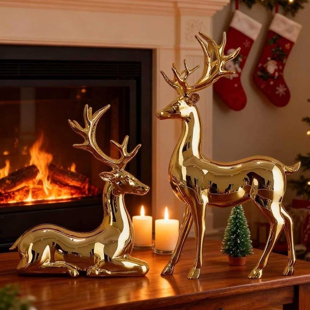 2Pcs Gold Reindeer Statues - Christmas Table Figurines & Holiday Centerpieces