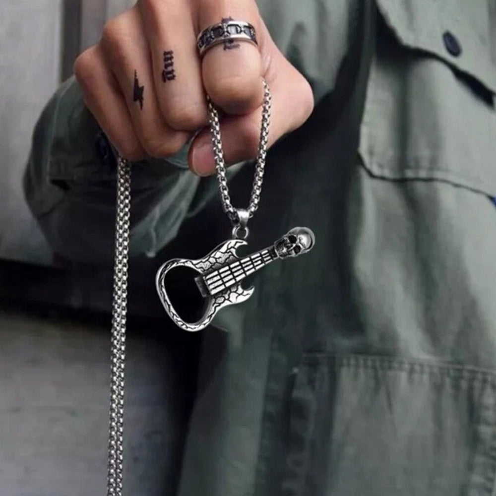 Rock Music Skull & Guitar Pendant Necklace | Stainless Steel Hip Hop Biker Jewelry for Men & Women