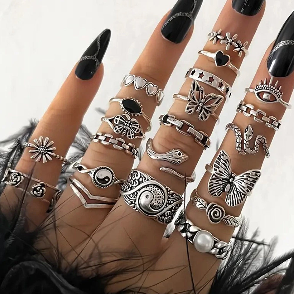 21PCS Stackable Rings – Retro Bohemian Geometric Inlaid Ring Set for Women