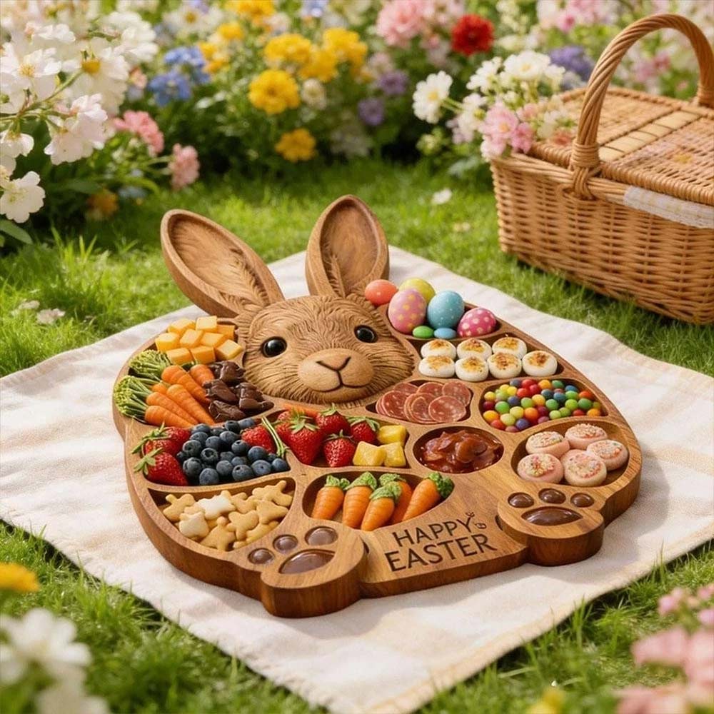 Easter Bunny Wooden Serving Platter - 14" x 14" Cold Dishes Board, Great Gift