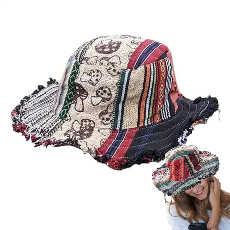 Multicolored Mushroom Hemp Fedora Handmade Sun Hat with Hidden Pocket Unique Cap