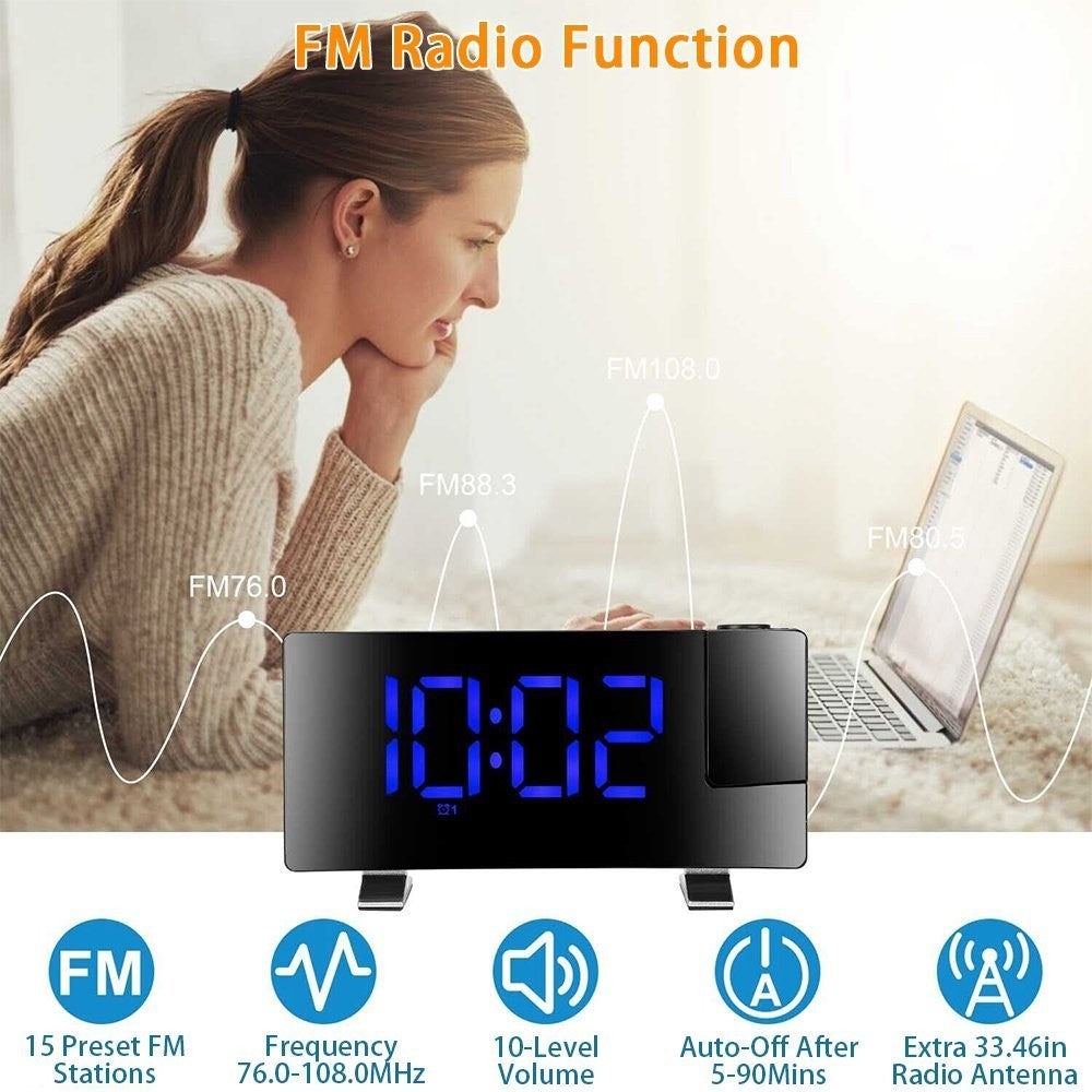 LED Digital Alarm Clock – Radio Projection Clock with Curved Screen & Dual Alarms