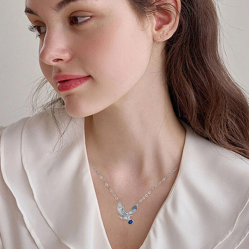 European Style Eagle Pendant Necklace for Women - Silver Plated Chain with Blue CZ Stone
